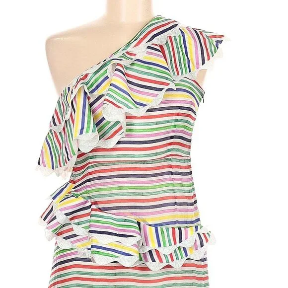 CeliaB Rainbow Striped One Shoulder Ruffle Midi Dress Medium - Picture 5 of 10